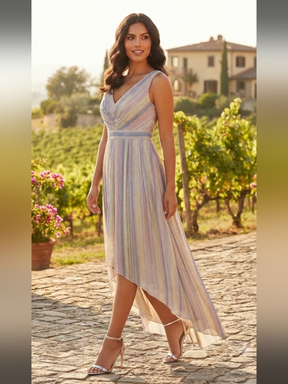 Pastel Stripe High-Low V-Neck Maxi Dress - Women